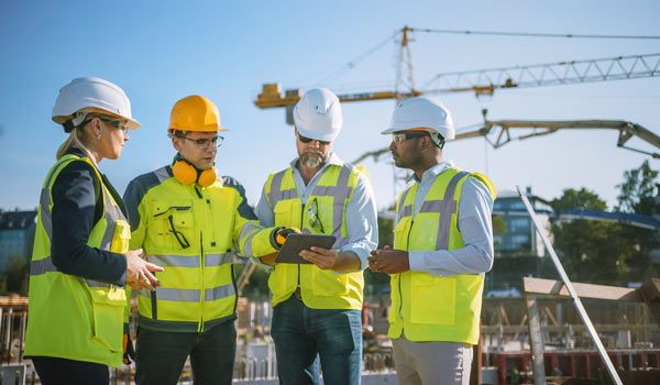 Three construction workers wearing yellow vests and hard hats strategize how to follow construction compliance standards on a build site.