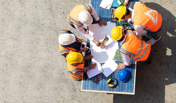 A group of construction workers gathered around a job site table, discussing plans and collaborating on a project.