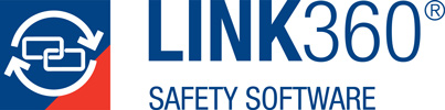 A blue and red square with two rectangles locked together, the Link360 Safety Software logo.