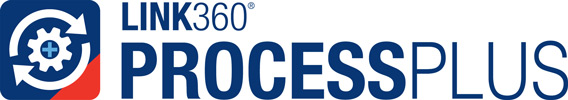 A blue and red square with a mechanical gear, the Link360 Process Plus logo.