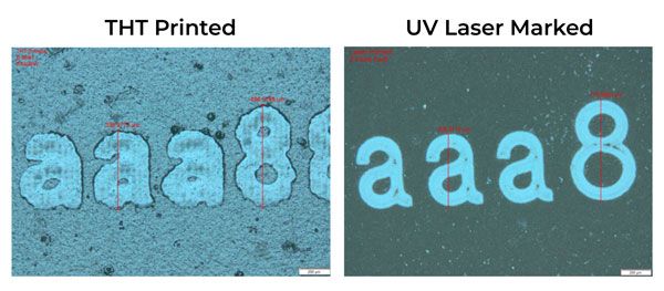 At 50x magnification, the THT print begins to distort at 2pt font, while a laser marked label retains its crisp resolution.