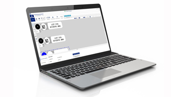 A laptop with Brady's Lab Identification Software Suite open, used for lab labeling software in a laboratory setting.